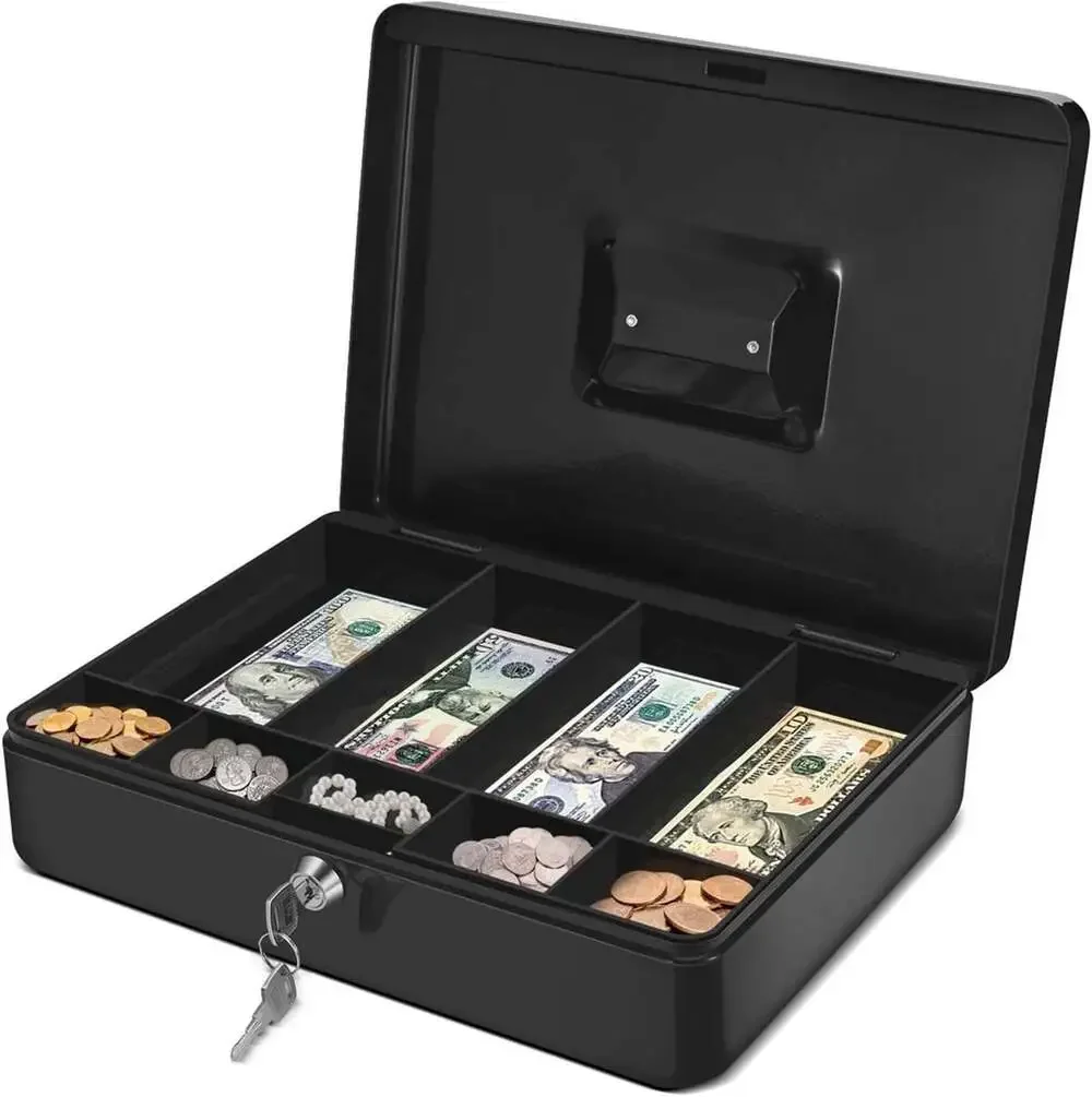 Cash Box with Lock and Money Tray, 9-Compartment Small Business Coin Cash